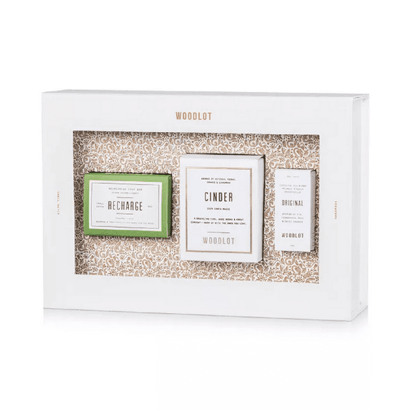 WOODLOT 3-Pc. Essentials Gift Set Recharge Soap Bar Cinder Candle Essential Oil