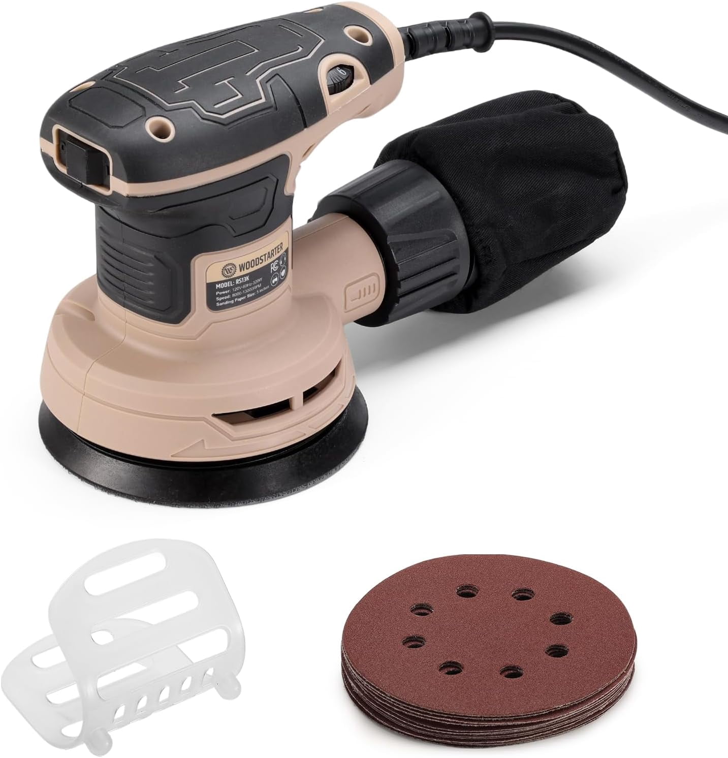 WOODSTARTER 320W, 2.6Amp 5-Inch Corded Random Orbital Power Sander, 13000RPM 6-Speed