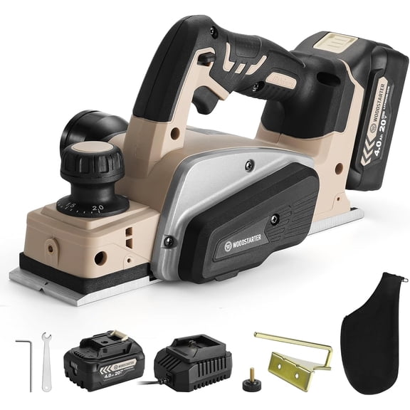 WOODSTARTER Cordless Electric Hand Planer (Battery&Charger), 15000RPM Brushless Motor, 3-1/4 Inch Planing Width,20V 4.0Ah Battery, Charger, Edge Guide & Dust Bag Included, Ideal for Wood Chamfer