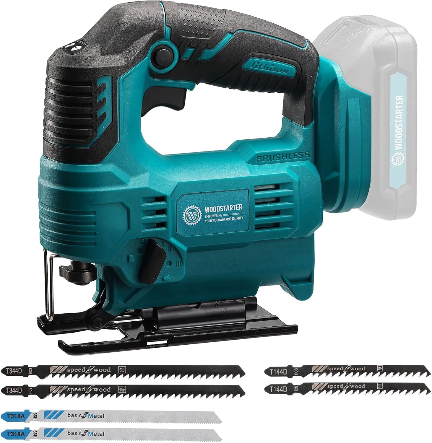 WOODSTARTER Cordless Jig Saw with Brushless Motor, 3 Adjustable Speed Settings, 45°-90° Cutting Angle, Compatible with T-Shaped Blades, Includes Dust Blowing Feature (Tool Only)