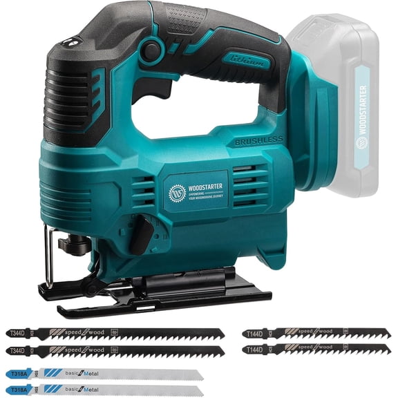 WOODSTARTER Cordless Jig Saw with Brushless Motor, 3 Adjustable Speed Settings, 45-90 Cutting Angle, Compatible with T-Shaped Blades, Includes Dust Blowing Feature (Tool Only)