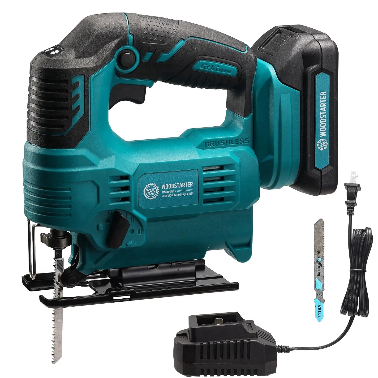 WOODSTARTER Cordless Jigsaw Tool with Battery & Charger, 3-Position Orbital Jig Saw for Makita 18V, 0°-45° Bevel Angle