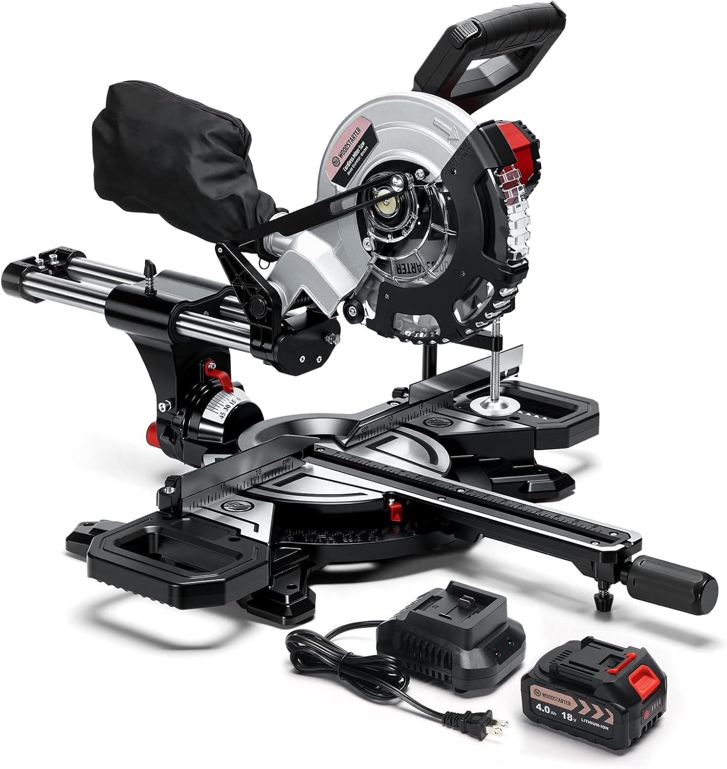WOODSTARTER Cordless Sliding Miter Saw, Brushless, 4200 RPM, Battery & Charger Included