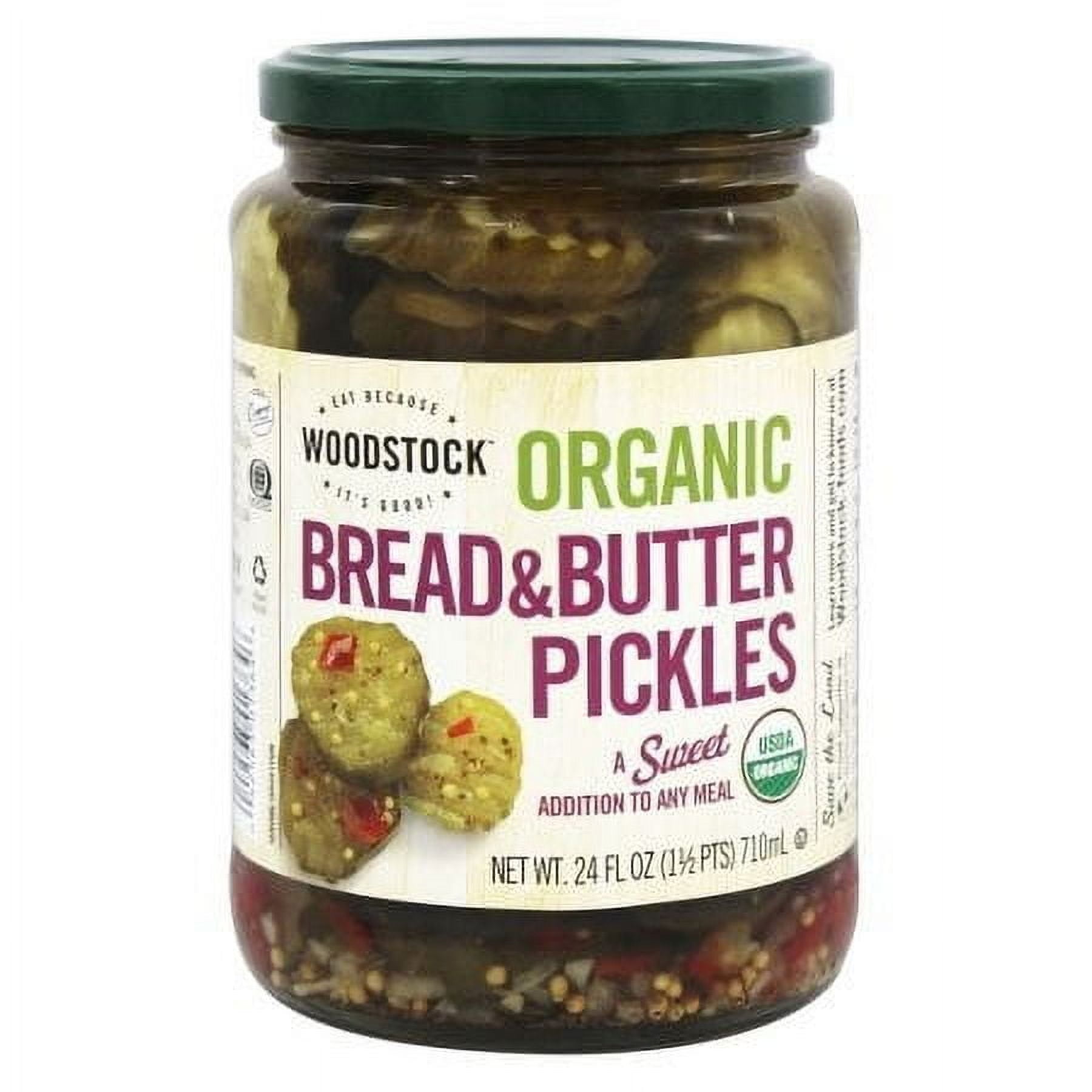WOODSTOCK ORGANIC PICKLES, SWEET BREAD & BUTTER, 24 FL. OZ.