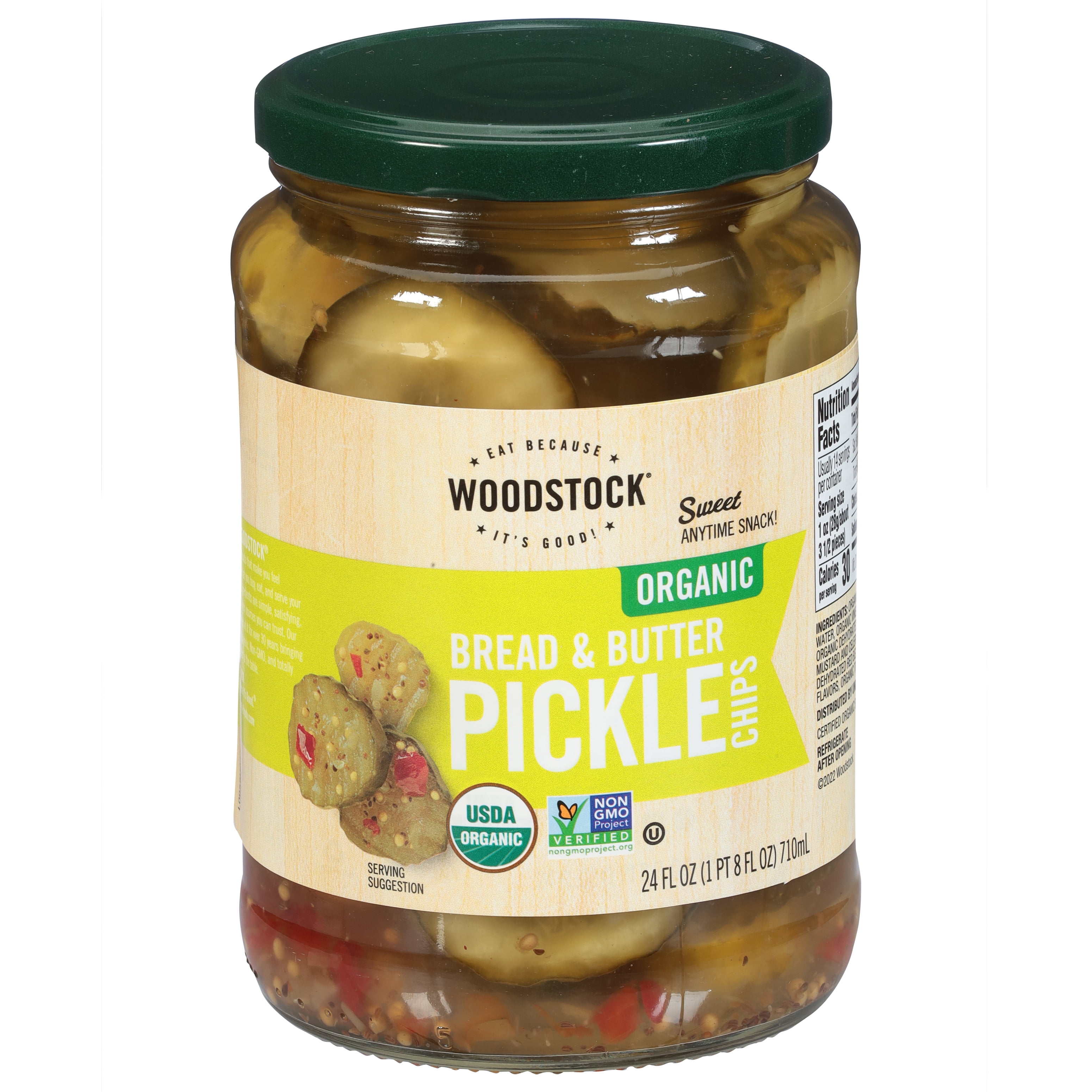 Woodstock Organic Sliced Sweet Bread and Butter Pickle Chips, 24 Fl oz Jar, Serving Size 4 Slices, About 15 Per Container