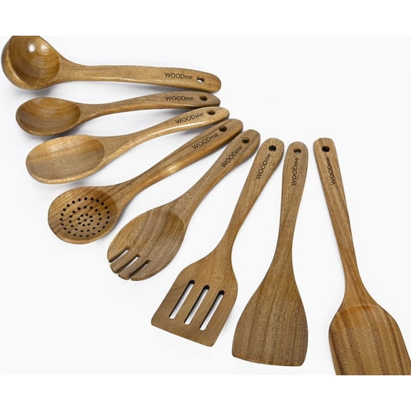 WOODme Acacia Wooden Cooking Spoons, 8 Piece Nonstick Safe Utensil Set, Natural Kitchen Tools