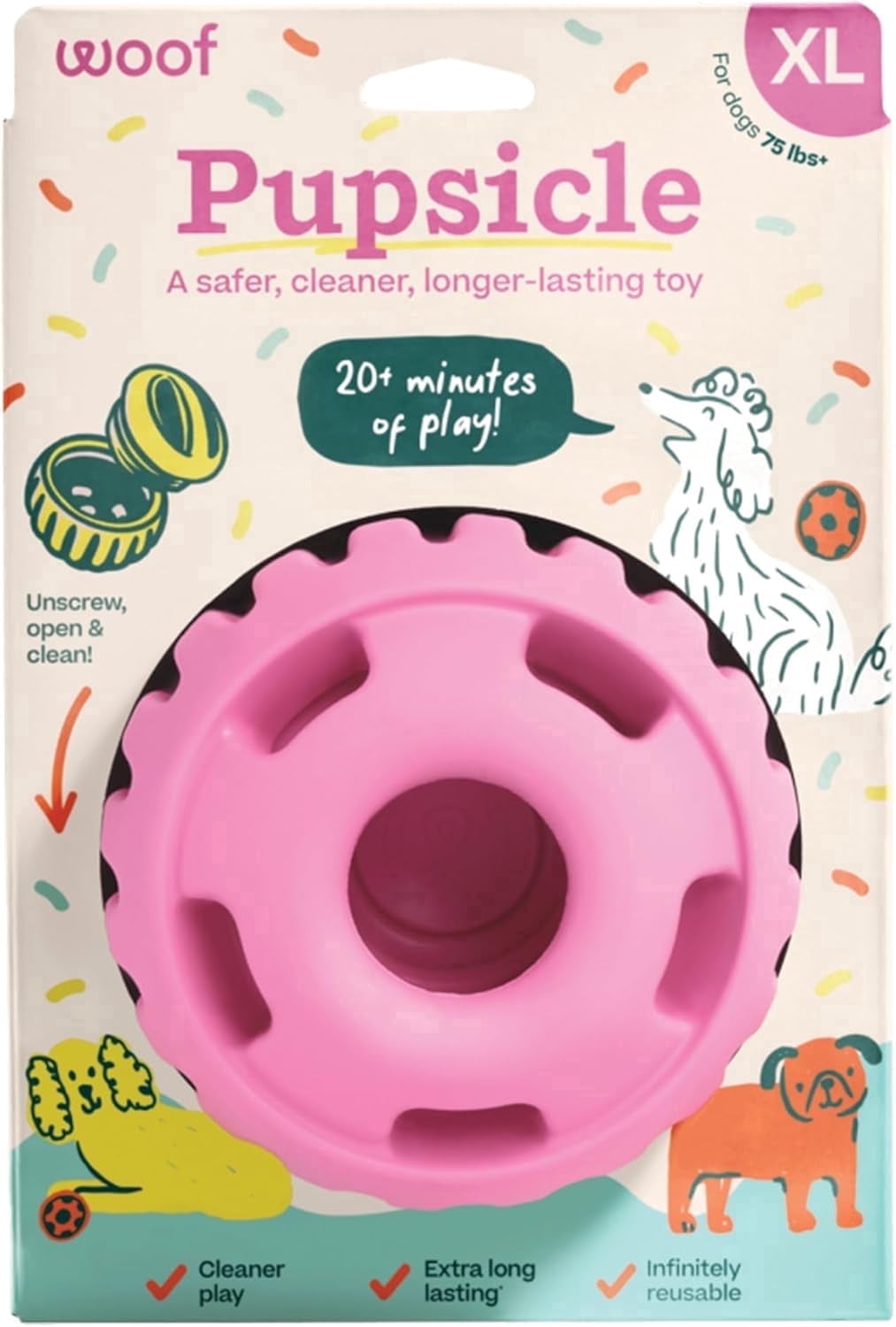WOOF Party Pupsicle - Long-Lasting Interactive Dog Toys for Boredom - Low-Mess Design - Birthday Gifts for Dogs - XL Dog Toys - Party Pink