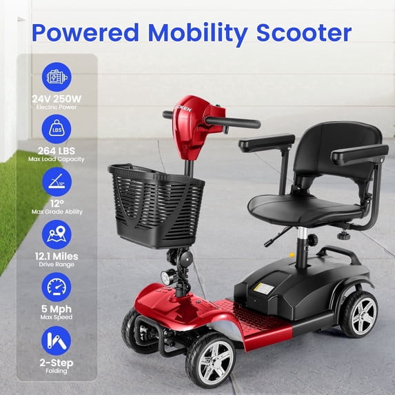 WOOKEN 17/20 Miles Mobility Scooter,4-Wheel Mobility Scooter for Adults,Seniors,250W Electric Powered Wheelchair Device,Compact Duty Mobile for Travel with Baskets, Rotating Seat