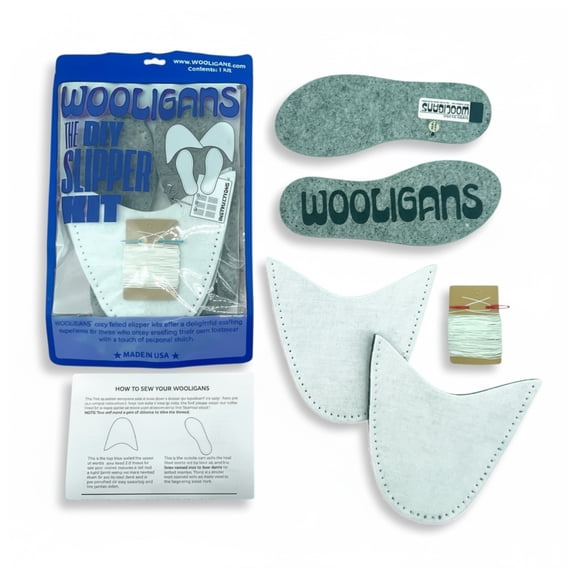 WOOLIGANS DIY Slipper Sewing Kit – Hand Stitch Felt Slippers – Beginner Needlecraft – Women’s US 5/6 – Blank Reversible
