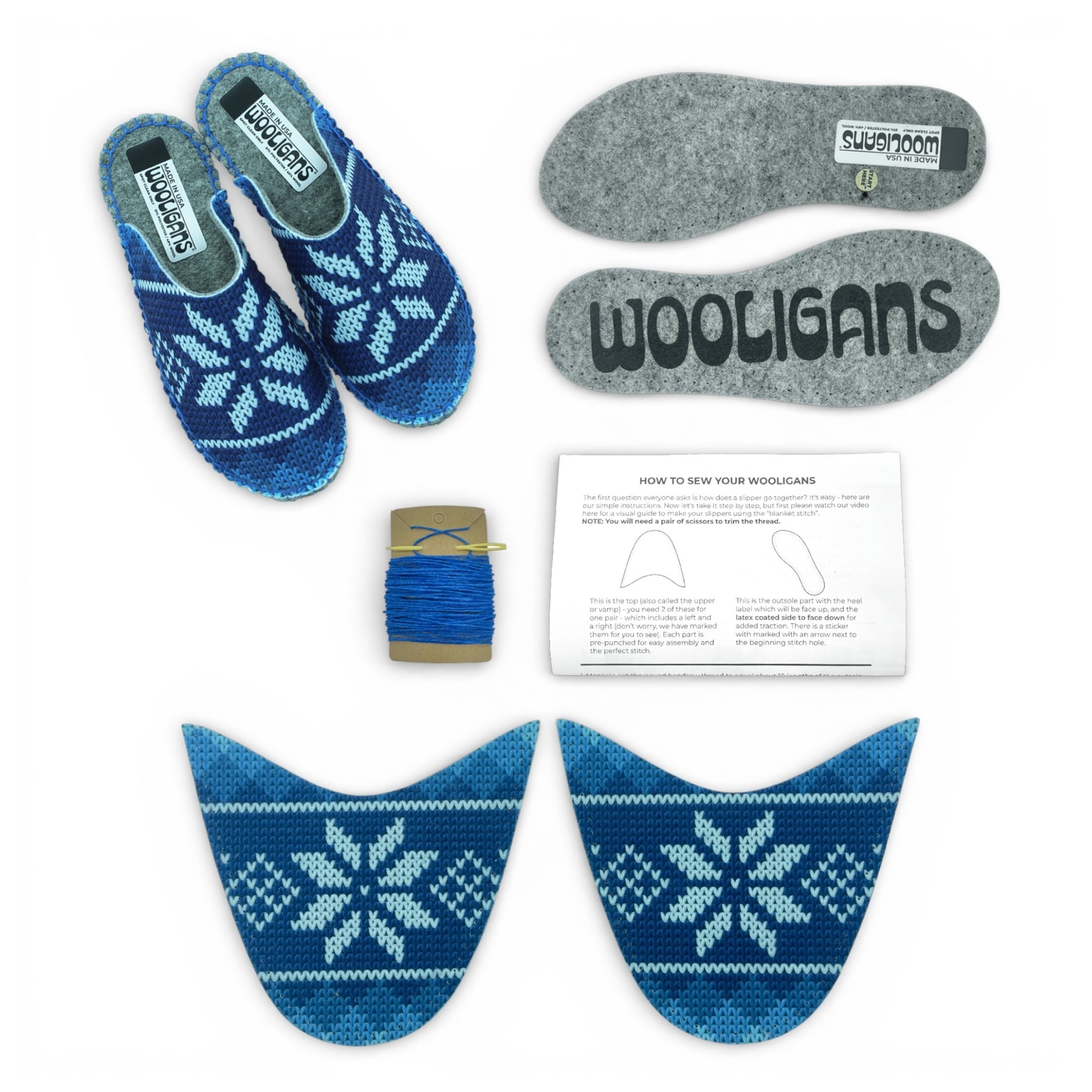 WOOLIGANS DIY Slipper Sewing Kit, Hand Stitch Felt Slipper Craft Kit, Beginner Needlecraft for Adults & Teens, Blue Snowflake, Women’s US Size 7/8