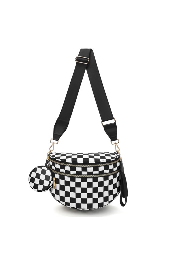 Checkered Crossbody Bag Bum Bag for Women, Spacious Nylon Fanny with Removable Wallets(2pcs-Black Checkerboard) A101
