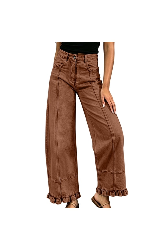 Women's High Waisted Wide Leg Jeans, Ruffled Hem Spliced Seam Trendy Casual Denim Pants With Pockets Solid Color