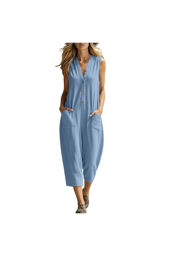 Women's Sleeveless V Neck Jumpsuits, Button Front Loose Casual Cropped One Piece With Pockets Solid Color Summer
