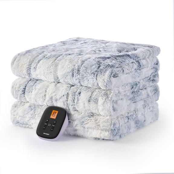 WOOMER Heated Blanket Full Size 77" x 84", Electric Blanket with 0.5-12 Hours Timer & 10 Heating Levels,Marble Blue Double-Sided Faux Fur, Over-Heat Protect, Machine Washable
