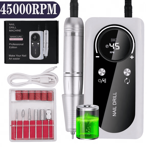 WOOQQI Portable Nail Drill  Electric Nail File,45000RPM Professional Rechargeable Nail E-File Machine for Acrylic Gel Nails,Remove Nail Gel Polish