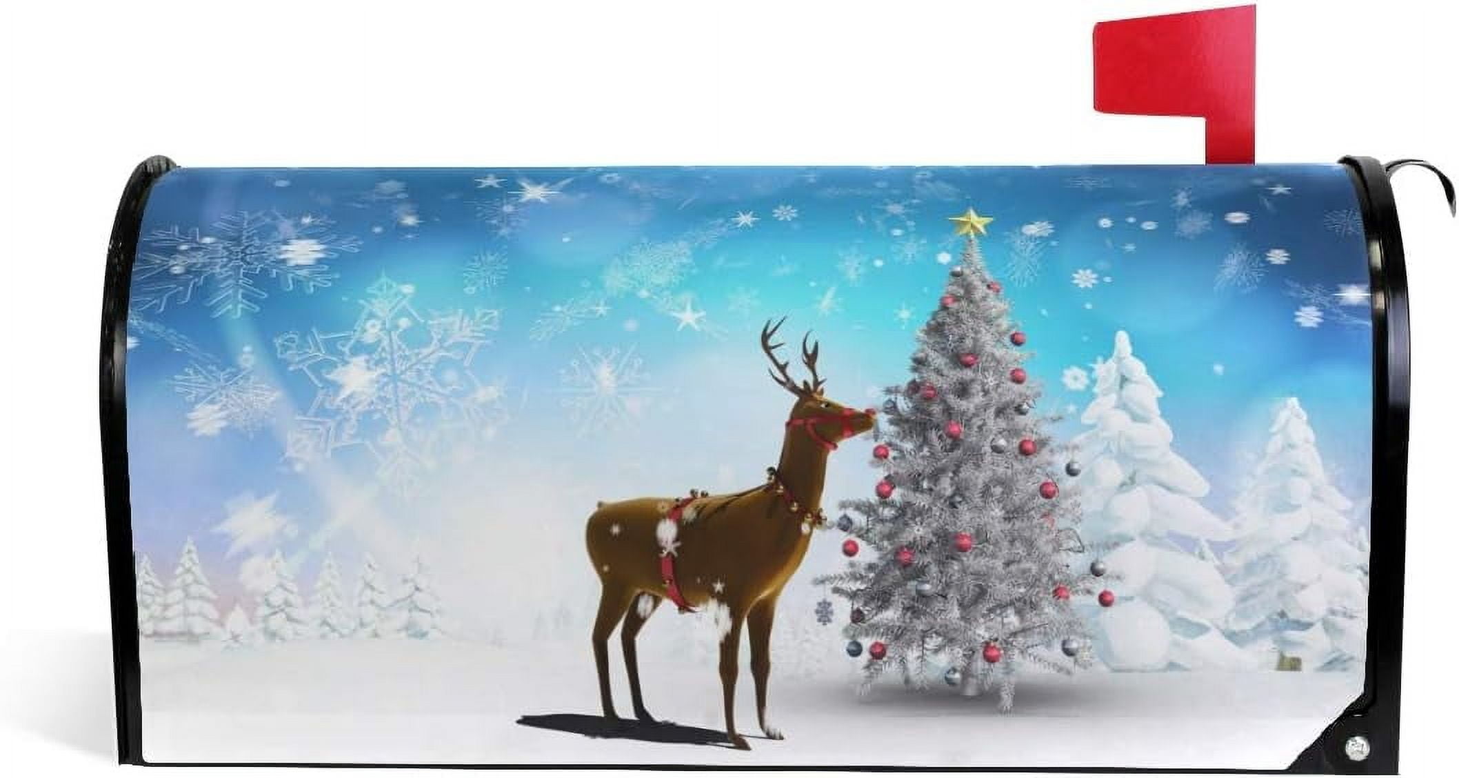 WOOR Christmas Tree and Reindeer Magnetic Mailbox Cover Oversized for Garden Yard Outdoor Decorations-25.5" x20.8
