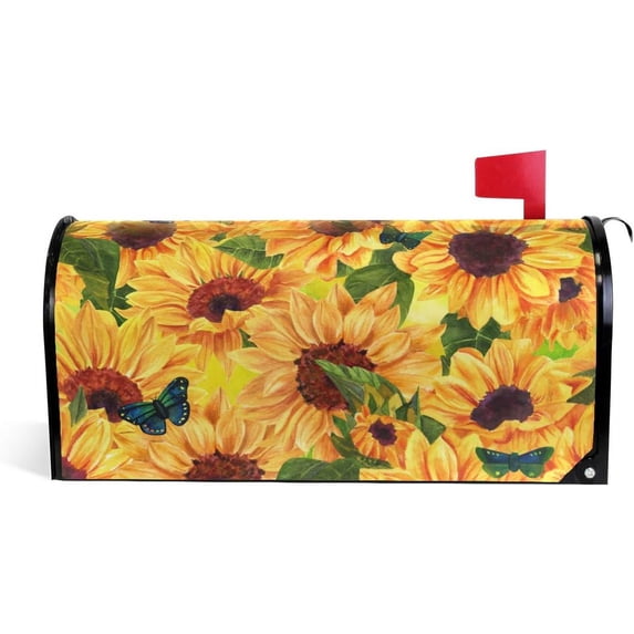 WOOR Sunflowers and Green Blue Butterflies Magnetic Mailbox Cover Oversized for Garden Yard Outdoor Decorations-20.8" x 25.5"