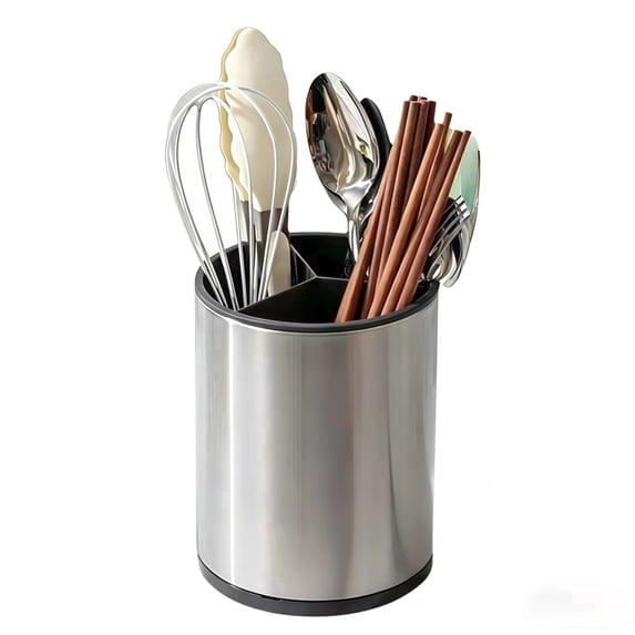 WOORNIGOJIN Extra Large Kitchen Utensil Holder, 360° Rotating Stainless Steel Cooking Utensil Holder for Countertop, 3 Compartment Flatware Organizer & Cooking Caddy with Removable Base(Silvery)