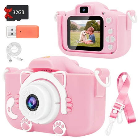 WOORNIGOJIN Kids Camera 1080p HD Digital Camera for Boys and Girls Aged 3-12 Years, 32GB SD card, Children's Day Gifts, Birthday Gifts (Pink)