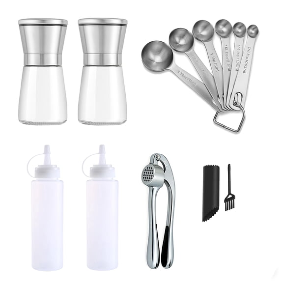 WOORNIGOJIN 10Pcs Kitchen Seasoning Tools Set, Stainless Steel Measuring Spoons, Pepper Grinder, Garlic Press, 200ml Squeeze Bottles for BBQ, Salad, Baking, Cooking