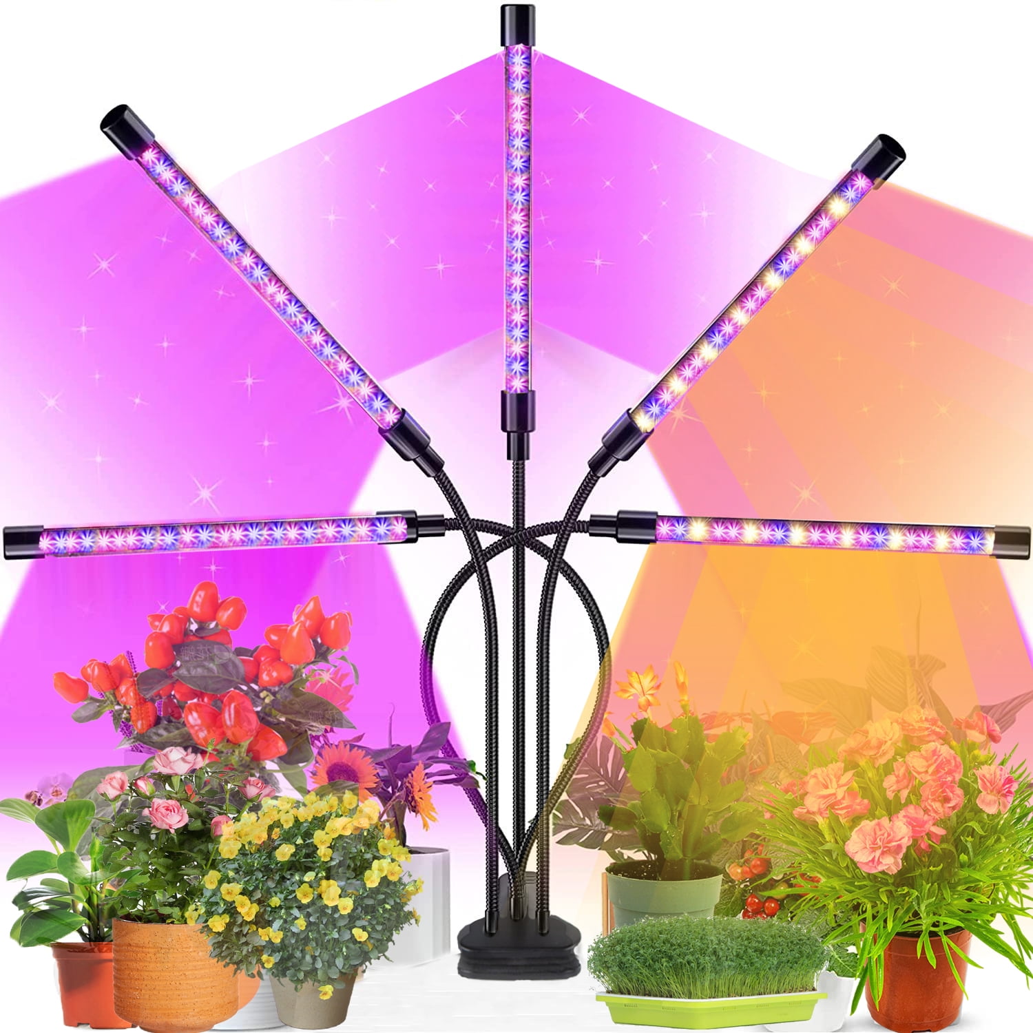 Grow Light,4 Head Grow Lights for Indoor Plants with Red Blue Spectrum,  4/8/12H Timer, 10 Dimmable Brightness for Indoor Succulent Plants Growth, 3