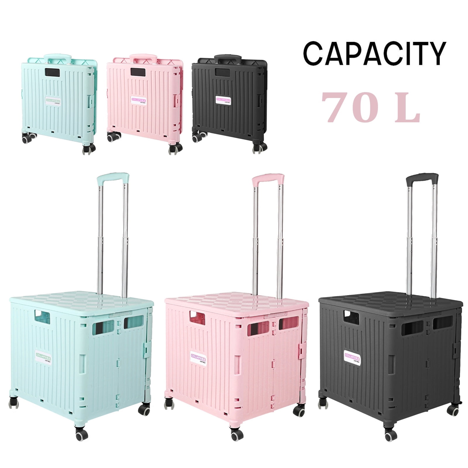 WOOW DEPOT 100lbs Folding Shopping Cart Utility 70L Large Capacity Tote Bin Portable Trolley Grocery Rolling Basket w/ Detachable Lid Adjustable Alloy Handle Wheels Brakes