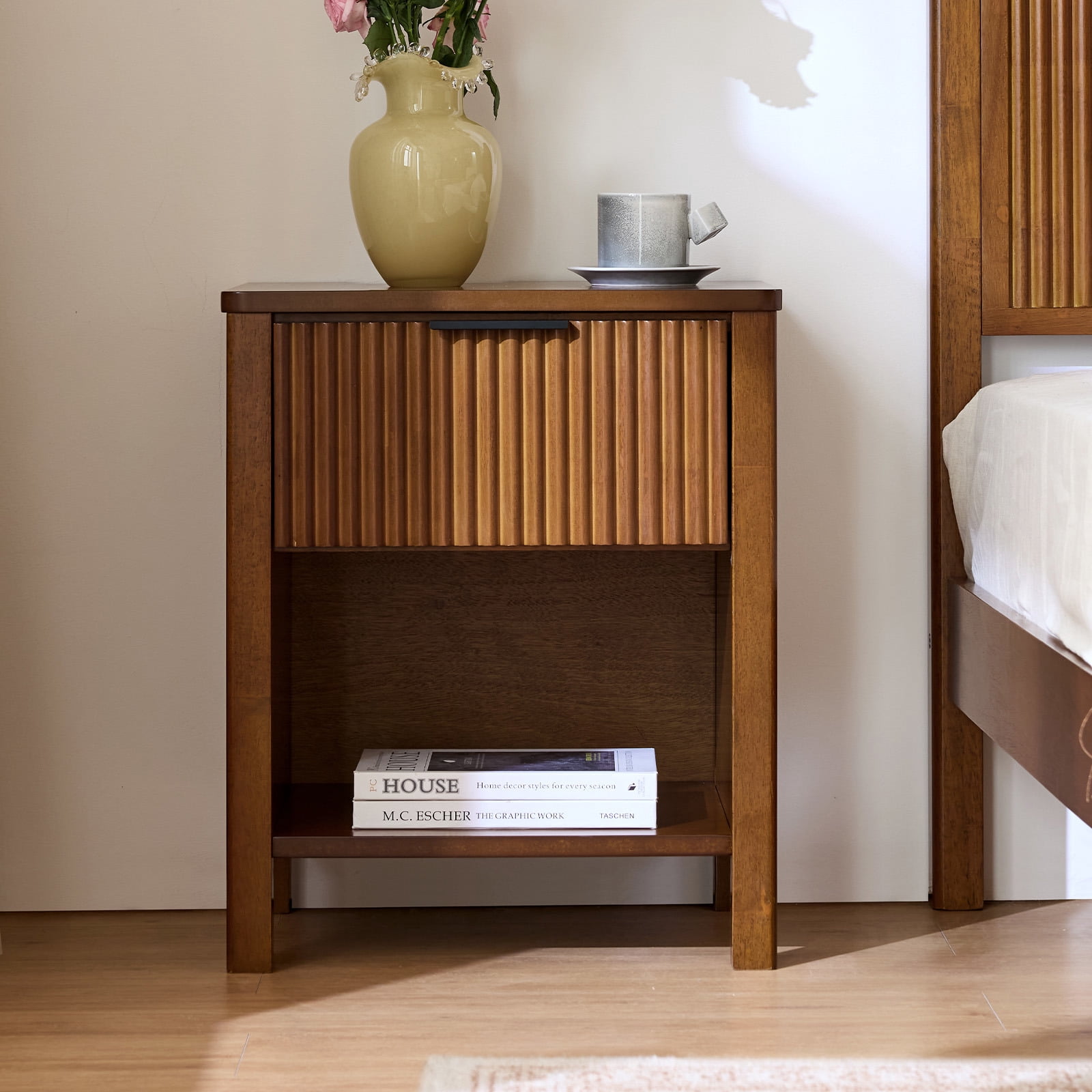 Mopio Ensley Mid Century Modern Nightstand, Walnut Grain, Slatted