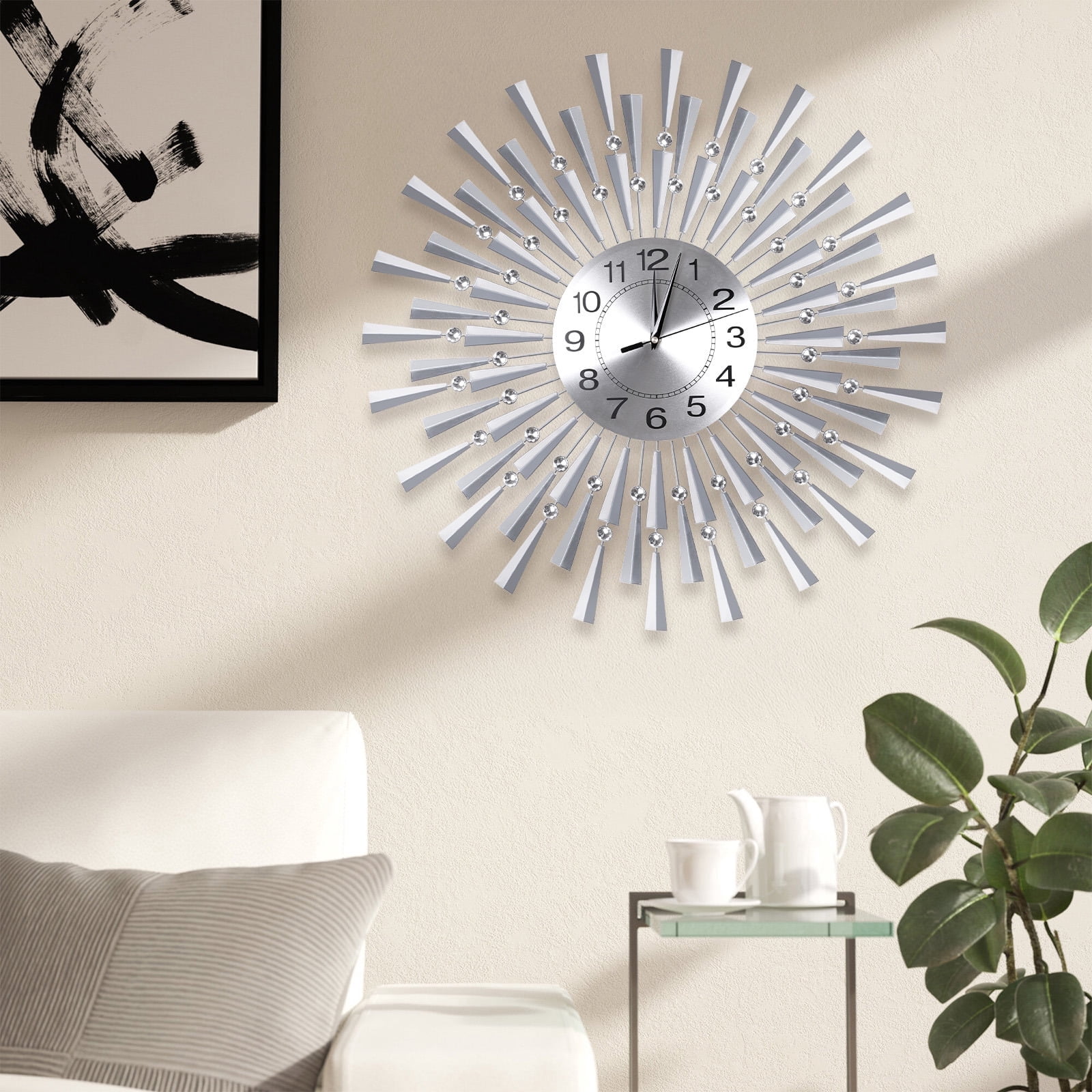 WOOW DEPOT 24" Large 3D Wall Clock Battery Operated Silent Non-Ticking Metal Morden Clock Watch for Living Room Bedroom Office Art Creative Decor, Silver