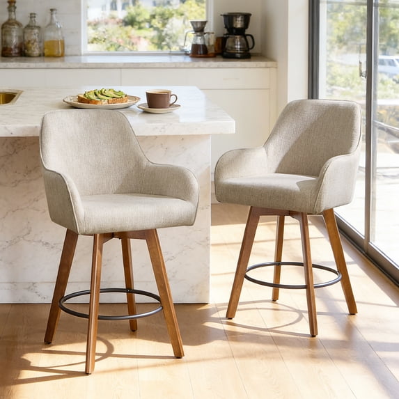 WOOW DEPOT 25" Swivel Bar Stools Large Seat Set of 1, Upholstered PU Leather w/ High-Back & Arm & Rubberwood Legs, Modern Island Counter Barstools Kitchen Pub Chair