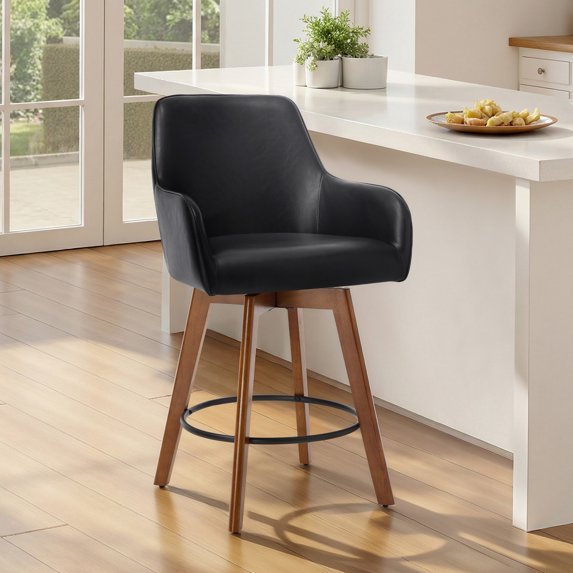 WOOW DEPOT 25" Swivel Bar Stools Large Seat Set of 1, Upholstered PU Leather w/ High-Back & Arm & Rubberwood Legs, Modern Island Counter Barstools Kitchen Pub Chair