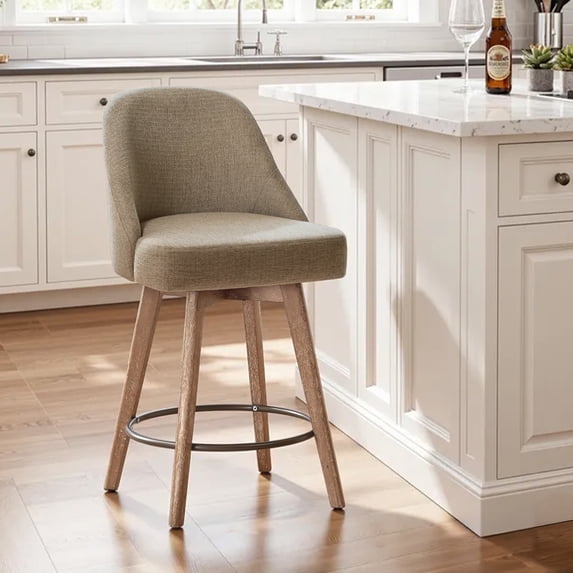 WOOW DEPOT 26" Swivel Bar Stools Large Seat Set of 1, Upholstered Linen Fabric w/ Mid-Back Wood Legs, Modern Armless Island Counter Barstools Kitchen Pub Chair, Sand Brown