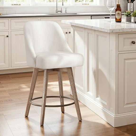 WOOW DEPOT 26" Swivel Bar Stools Large Seat Set of 1, Upholstered Linen Fabric w/ Mid-Back Wood Legs, Modern Armless Island Counter Barstools Kitchen Pub Chair, Off White