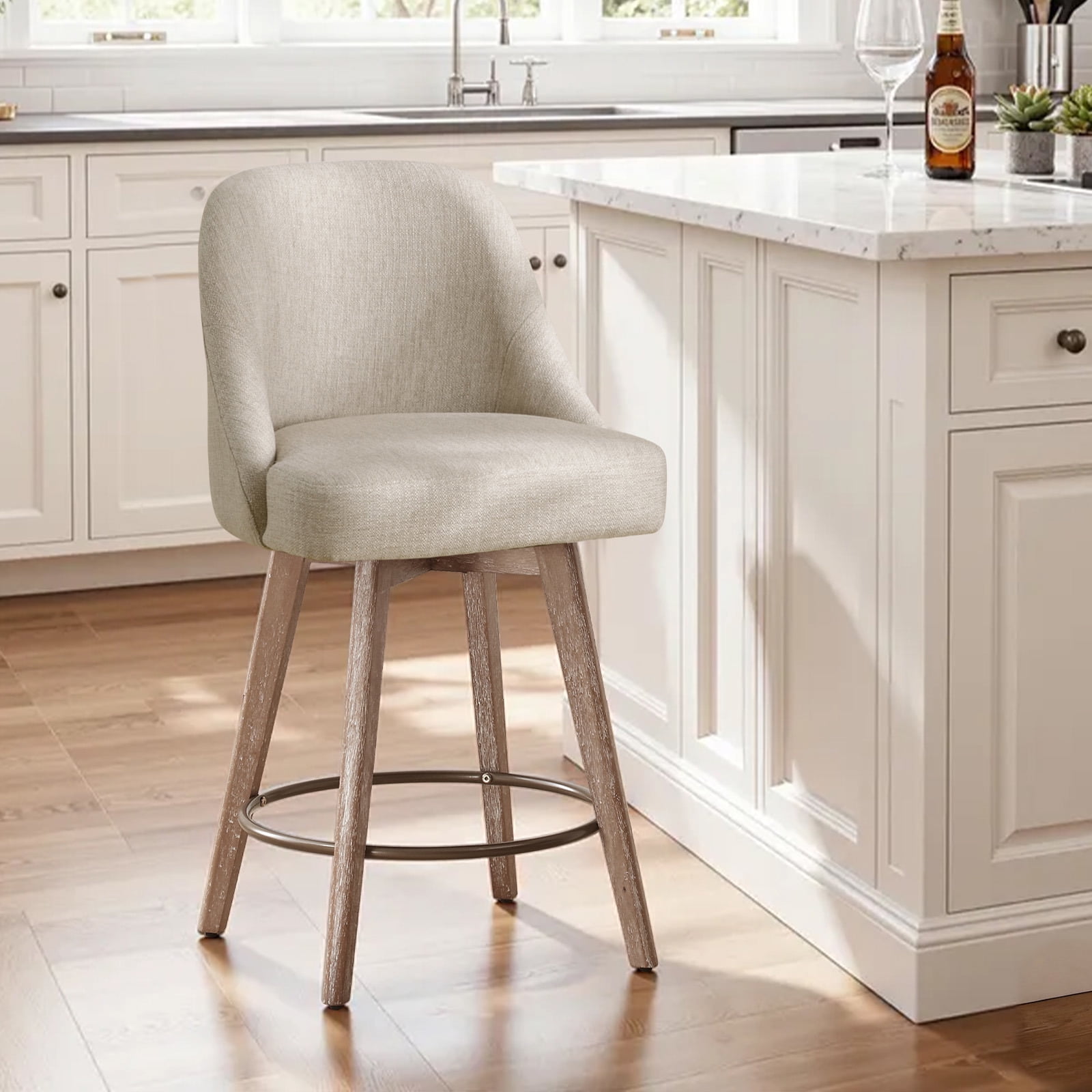 WOOW DEPOT 26" Swivel Bar Stools Large Seat Set of 1, Upholstered Linen Fabric w/ Mid-Back Wood Legs, Modern Armless Island Counter Barstools Kitchen Pub Chair, Sand