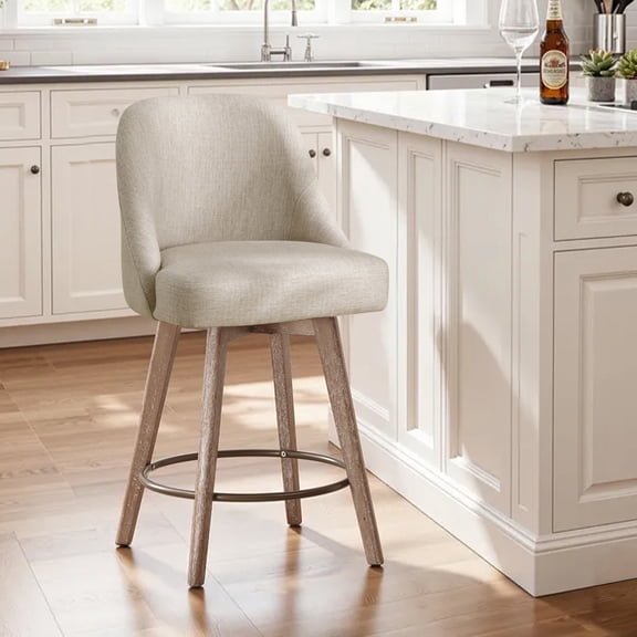WOOW DEPOT 26" Swivel Bar Stools Large Seat Set of 1, Upholstered Linen Fabric w/ Mid-Back Wood Legs, Modern Armless Island Counter Barstools Kitchen Pub Chair, Sand