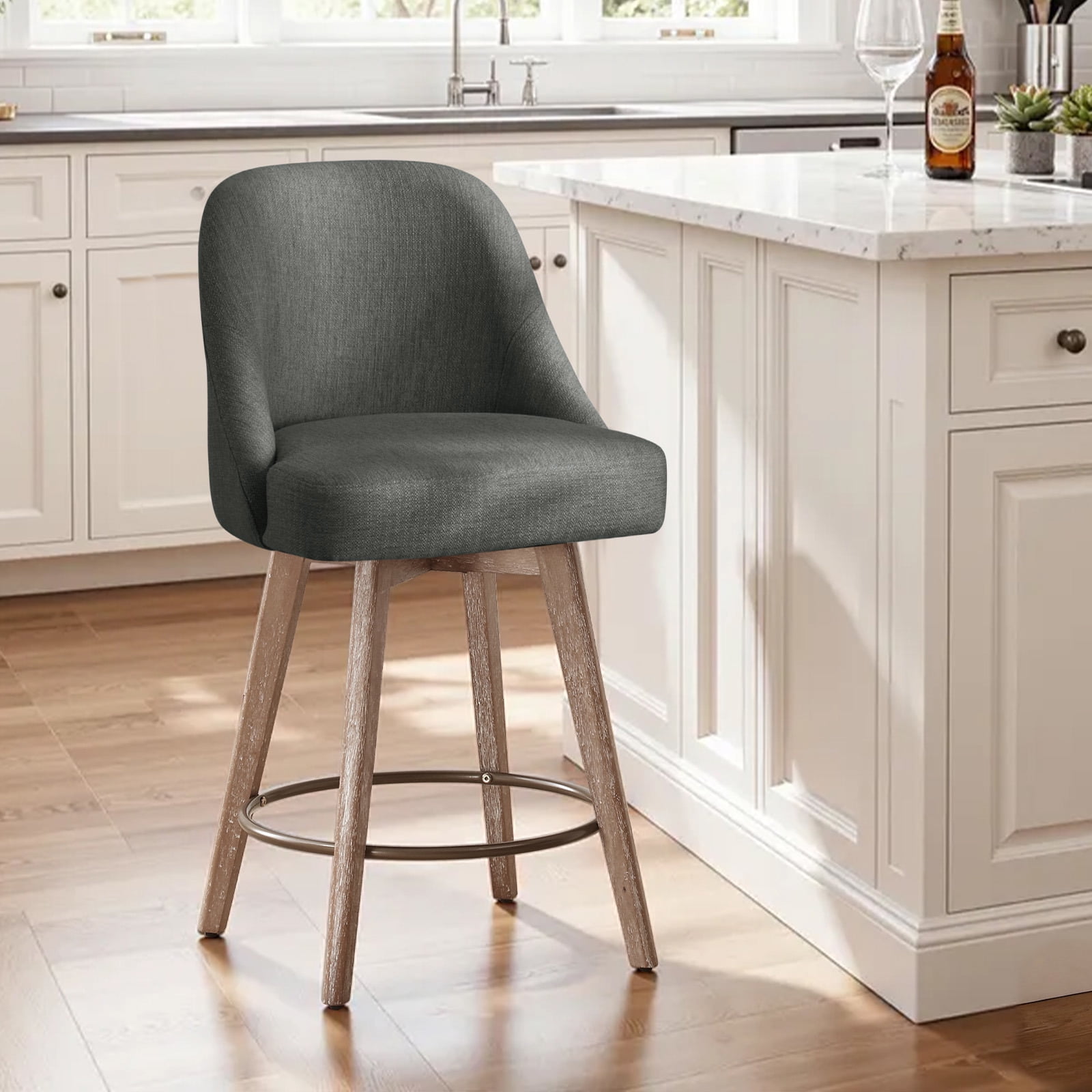 WOOW DEPOT 26" Swivel Bar Stools Large Seat Set of 1, Upholstered Linen Fabric w/ Mid-Back Wood Legs, Modern Armless Island Counter Barstools Kitchen Pub Chair, Gray