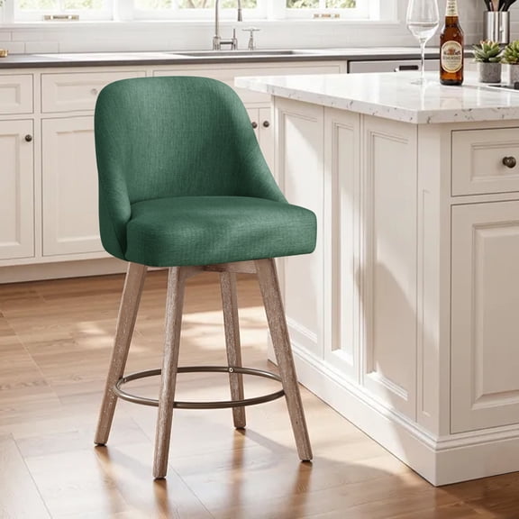 WOOW DEPOT 26" Swivel Bar Stools Large Seat Set of 1, Upholstered Linen Fabric w/ Mid-Back Wood Legs, Modern Armless Island Counter Barstools Kitchen Pub Chair, Green