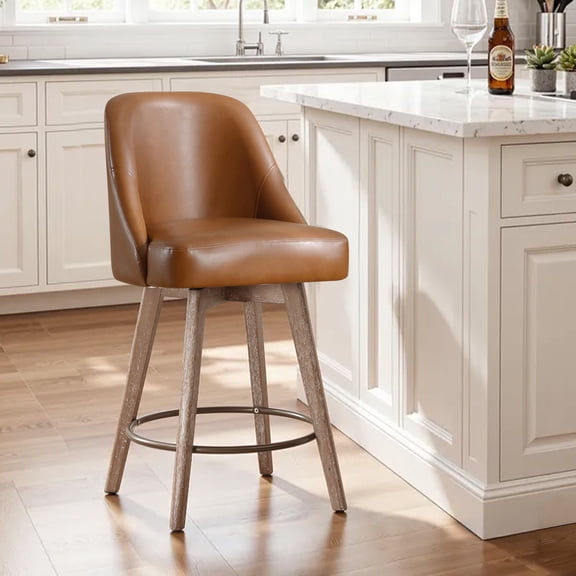 WOOW DEPOT 26" Swivel Bar Stools Large Seat Set of 1, Upholstered PU Leather w/ Mid-Back Wood Legs, Modern Armless Island Counter Barstools Kitchen Pub Chair, Brown