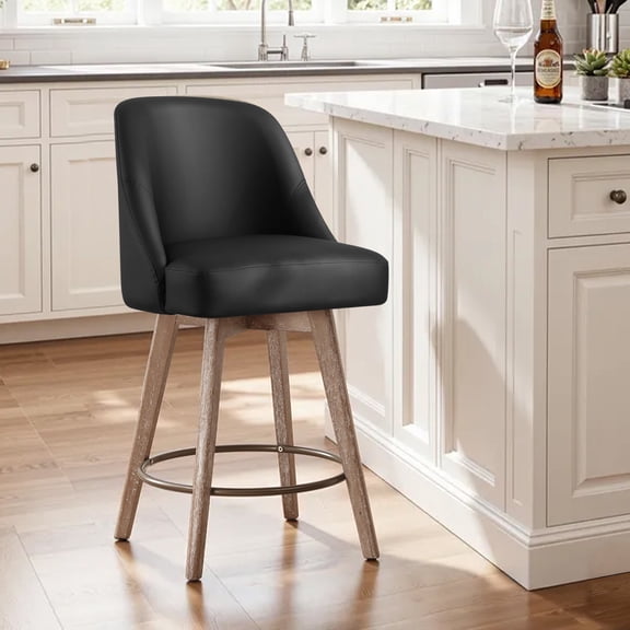 WOOW DEPOT 26" Swivel Bar Stools Large Seat Set of 1, Upholstered PU Leather w/ Mid-Back Wood Legs, Modern Armless Island Counter Barstools Kitchen Pub Chair, Black