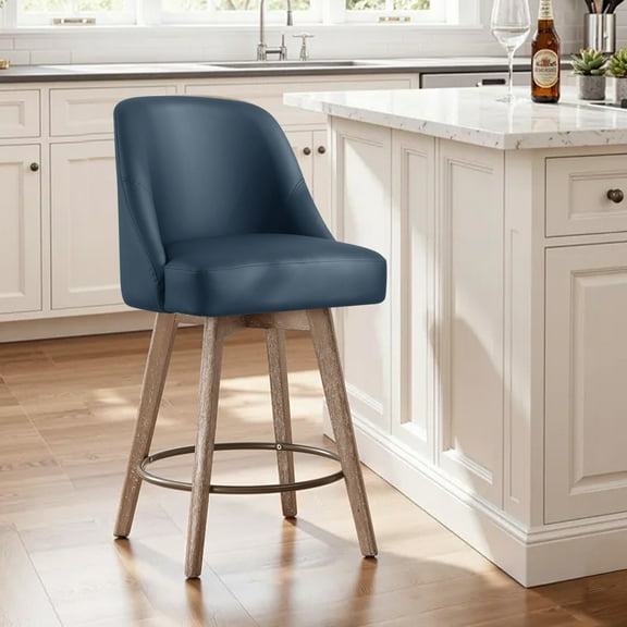 WOOW DEPOT 26" Swivel Bar Stools Large Seat Set of 1, Upholstered PU Leather w/ Mid-Back Wood Legs, Modern Armless Island Counter Barstools Kitchen Pub Chair, Blue