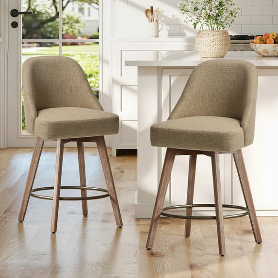 WOOW DEPOT 26" Swivel Bar Stools Large Seat Set of 2, Upholstered Linen Fabric w/ Mid-Back Wood Legs, Modern Armless Island Counter Barstools Kitchen Pub Chair, Sand Brown