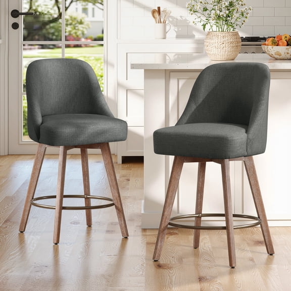 WOOW DEPOT 26" Swivel Bar Stools Large Seat Set of 2, Upholstered Linen Fabric w/ Mid-Back Wood Legs, Modern Armless Island Counter Barstools Kitchen Pub Chair, Gray