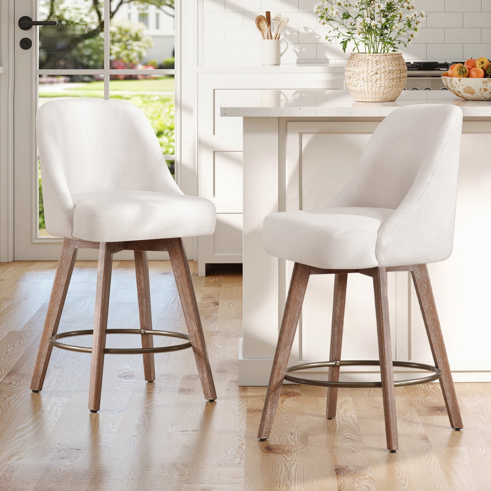 WOOW DEPOT 26" Swivel Bar Stools Large Seat Set of 2, Upholstered Linen Fabric w/ Mid-Back Wood Legs, Modern Armless Island Counter Barstools Kitchen Pub Chair, Off White