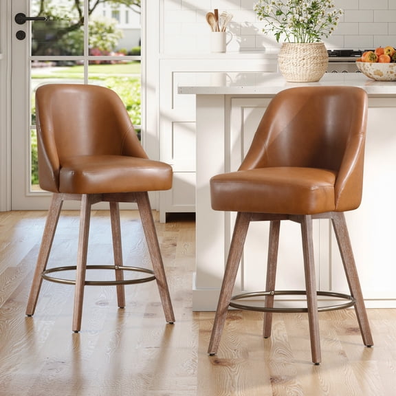 WOOW DEPOT 26" Swivel Bar Stools Large Seat Set of 2, Upholstered PU Leather w/ Mid-Back Wood Legs, Modern Armless Island Counter Barstools Kitchen Pub Chair, Brown