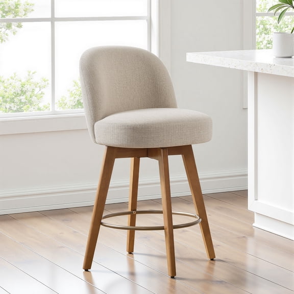 WOOW DEPOT 26" Swivel Bar Stools Set of 1, Upholstered Linen Fabric 3.9" Thick Large Seat w/ Mid-Back & Wood Legs, Modern Island Counter Barstools Armless Kitchen Pub Chair, Blue