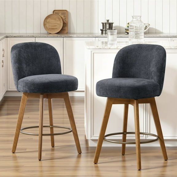 WOOW DEPOT 26" Swivel Chenille Bar Stools Set of 2, w/ 3.9" Thick Large Seat & Mid-Back & Wood Legs, Upholstered Fabric Modern Island Counter Barstools Armless Kitchen Pub Chair, Charcoal Gray