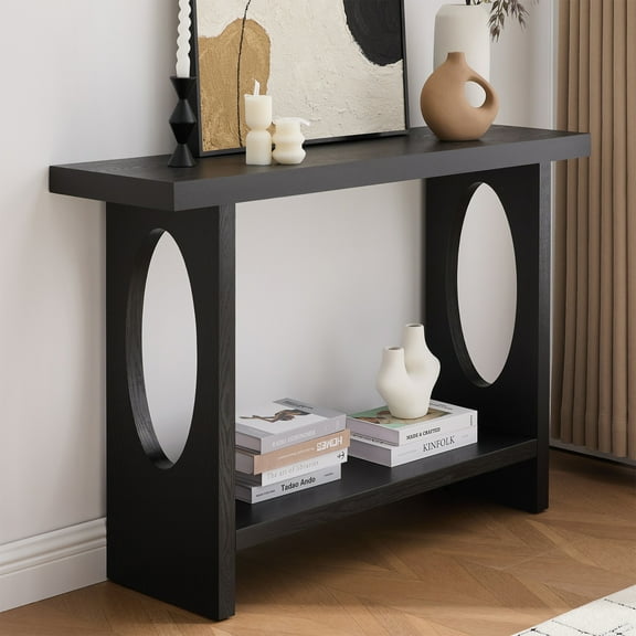 WOOW DEPOT 47" Farmhouse Narrow Console Table, 2'' Thickened Entryway Table with Solid Oak Veneer, 2-Tier Sofa Table Behind Couch, Black Oak Hallway Table for Living Room