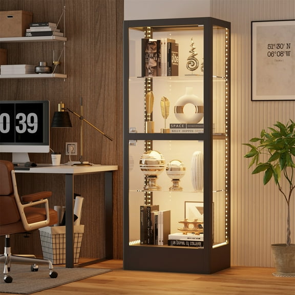 WOOW DEPOT 63" Tempered Glass Display Cabinet Heavy Duty 4-Tier Metal Curio Cabinet w/ 2 Glass Doors, RGB LED Light, Safe Lock & 2 Keys, Adjustable Shelves, Storage Shelving Unit Organizer Rack