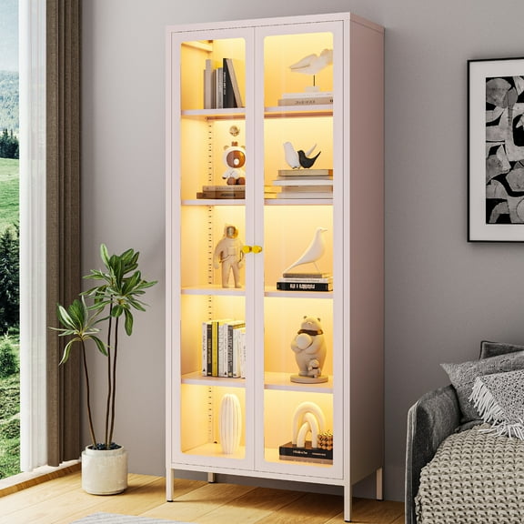 WOOW DEPOT 67" Curio Display Cabinet with 20-Color RGB Lights, Tempered Glass Doors, 4 Adjustable Shelves, Metal Storage Bookcase for Collectibles/Kitchen Pantry, Pink