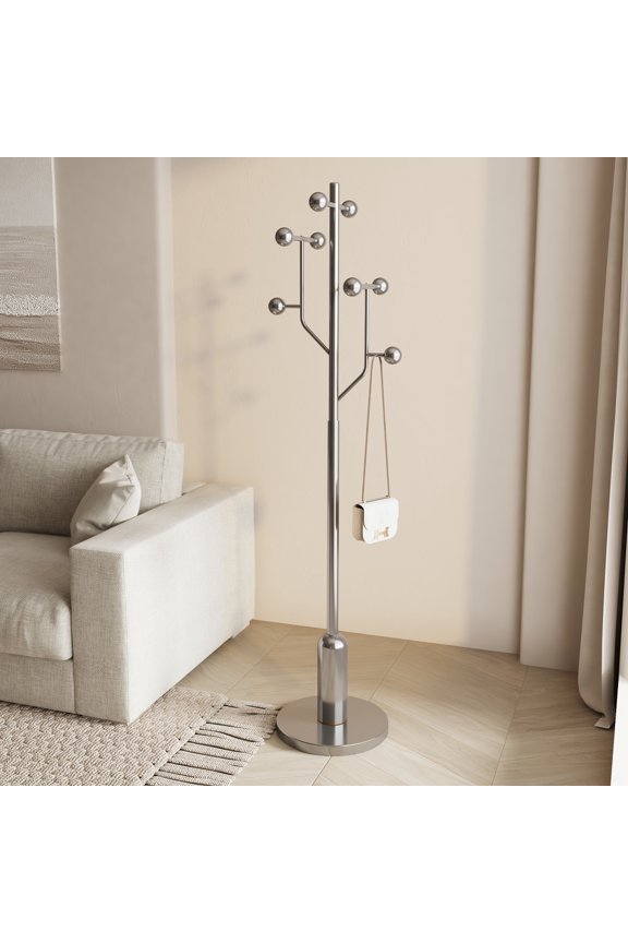 71" Freestanding Metal Coat Rack Heavy Duty Steel Tree Branch Rack, w/ 8 Hanging Balls & Stable Marble Base, Modern Clothing Hanger for Home Office Corner Entryway, Silver