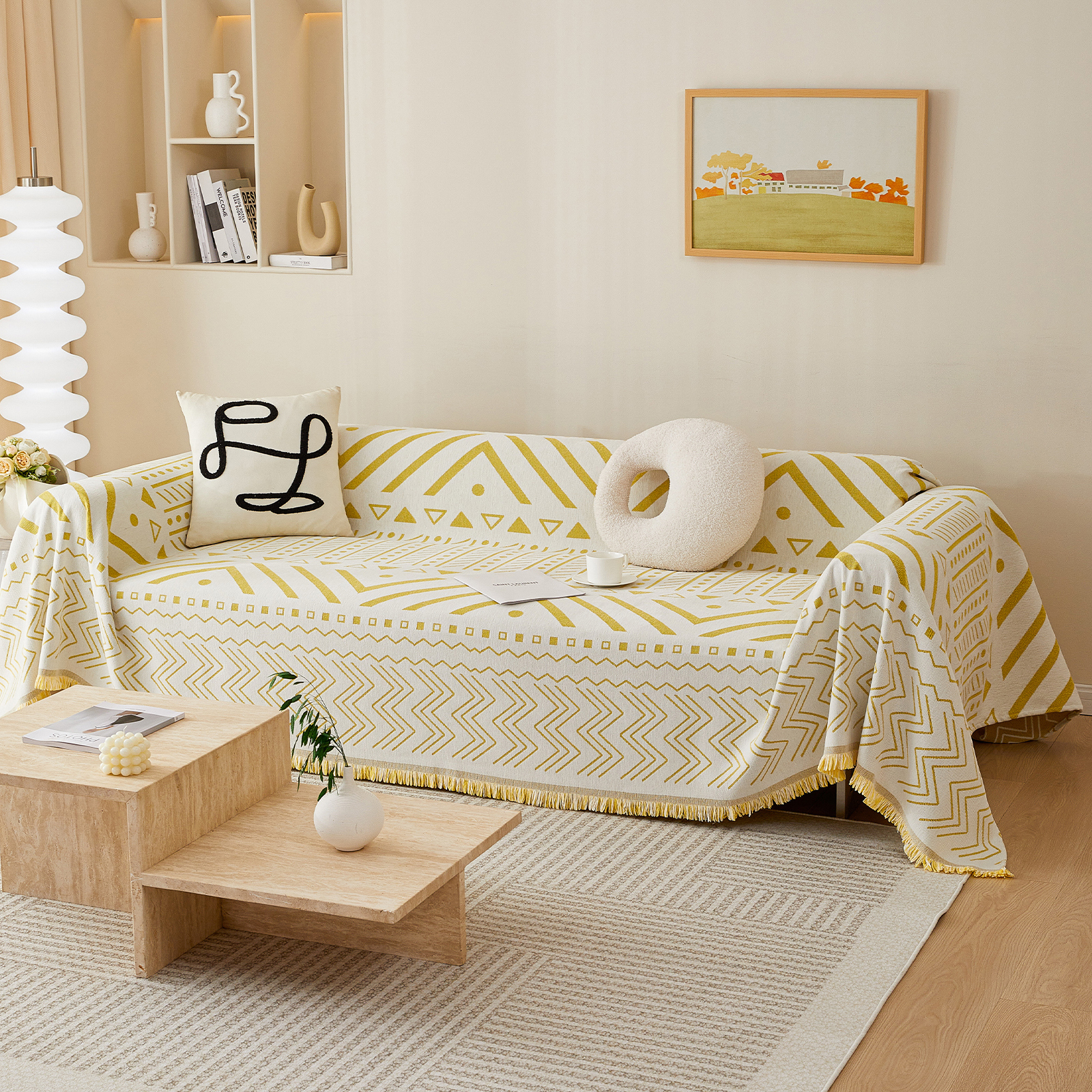 WOOW DEPOT Boho Chenille Sofa Cover Reversible w/ Tassel, Washable Throw Blanket L Shape Slipcover for 2 Cushion Couch, Mustard Yellow & White Geometric, 71"x118"